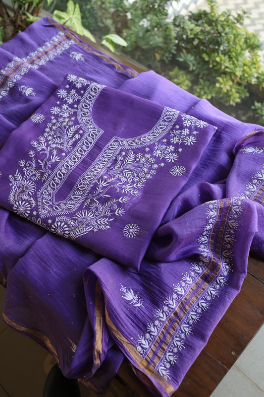 Dark Purple Shade Mal Cotton Fine Chikankari Unstitched Fabric