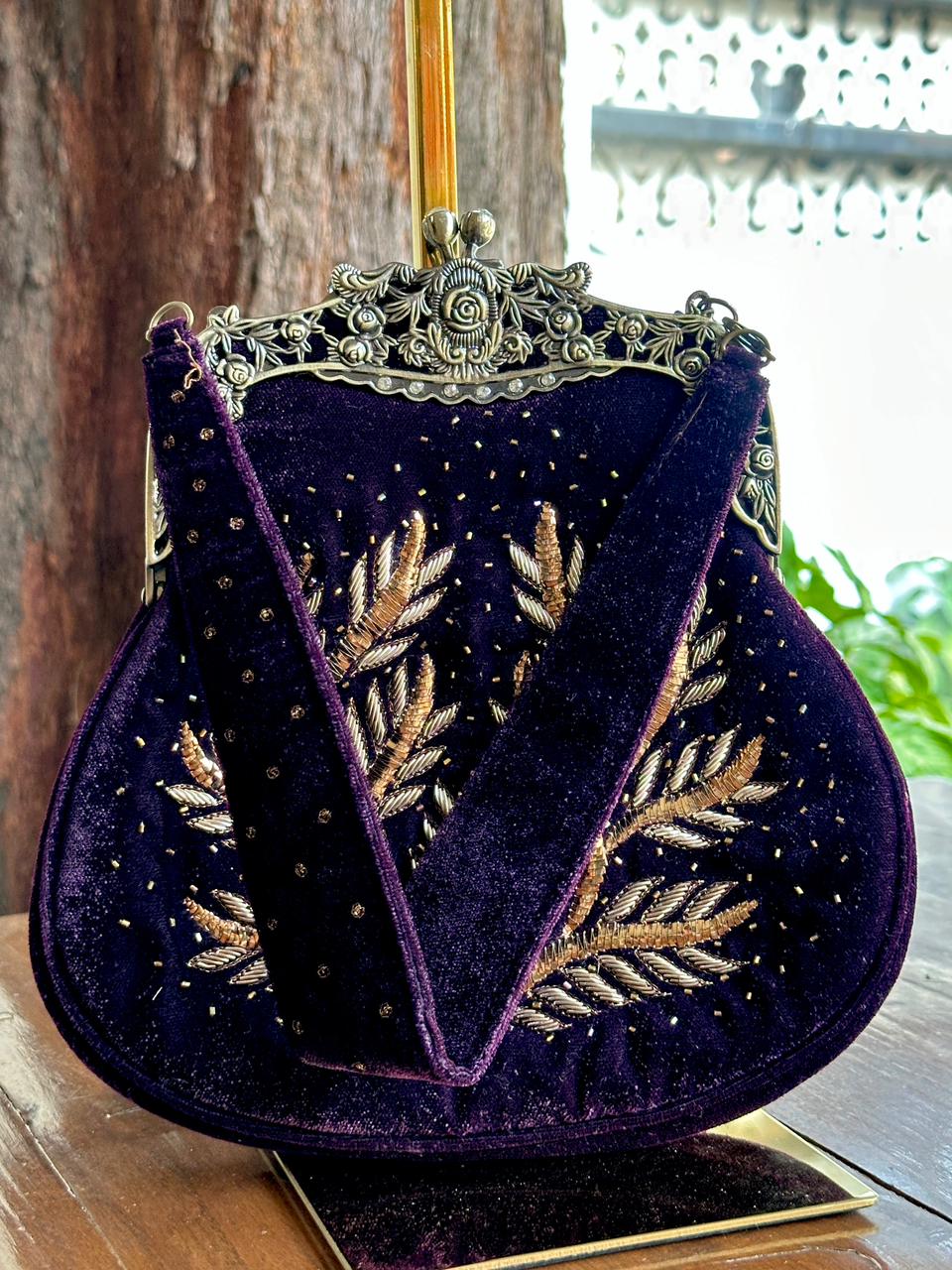 Dark Purple Shade Velvet Ari Mukaish Zardosi Sling Clutch Bag