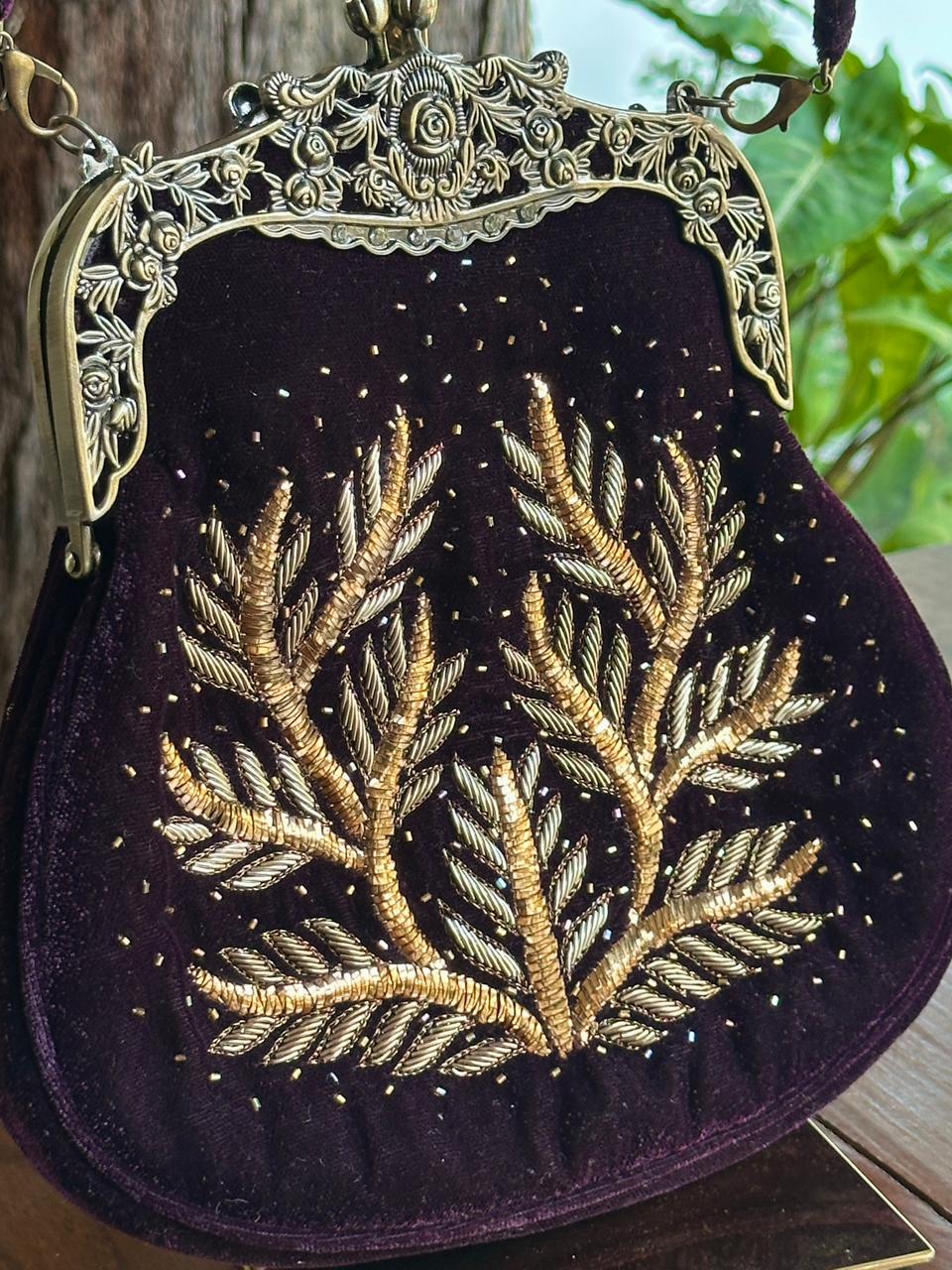 Dark Purple Shade Velvet Ari Mukaish Zardosi Sling Clutch Bag