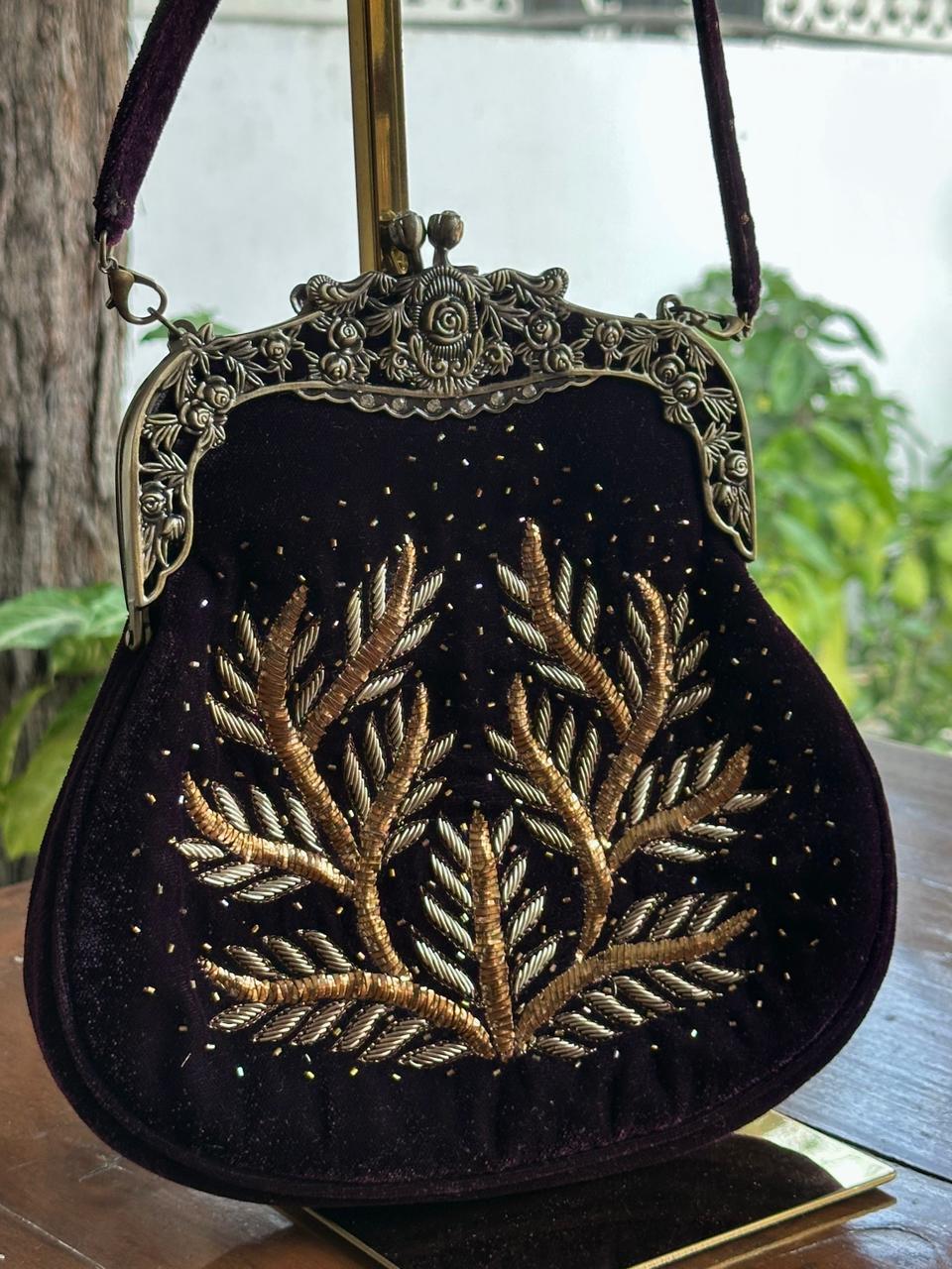Dark Purple Shade Velvet Ari Mukaish Zardosi Sling Clutch Bag