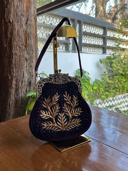 Dark Purple Shade Velvet Ari Mukaish Zardosi Sling Clutch Bag