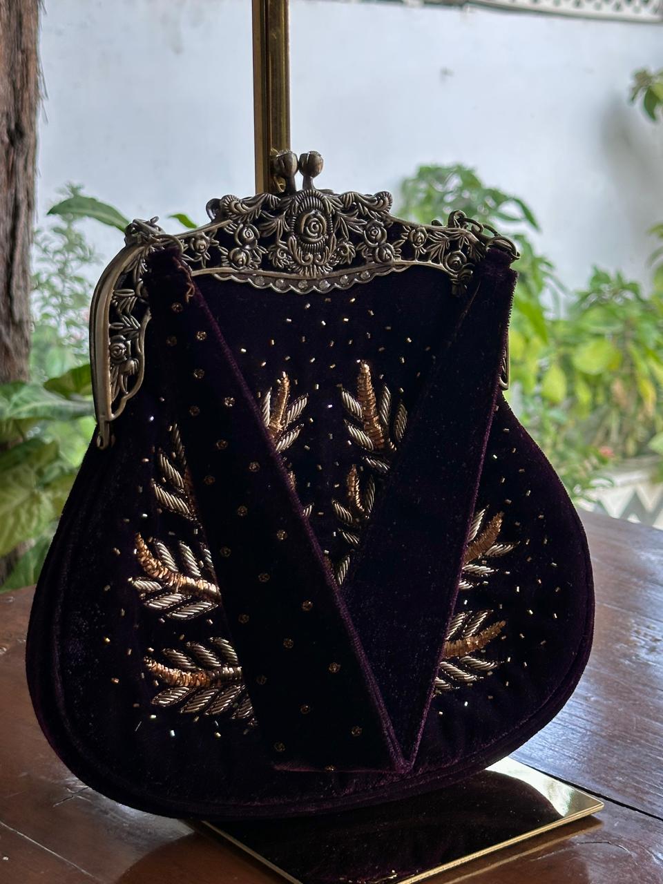 Dark Purple Shade Velvet Ari Mukaish Zardosi Sling Clutch Bag