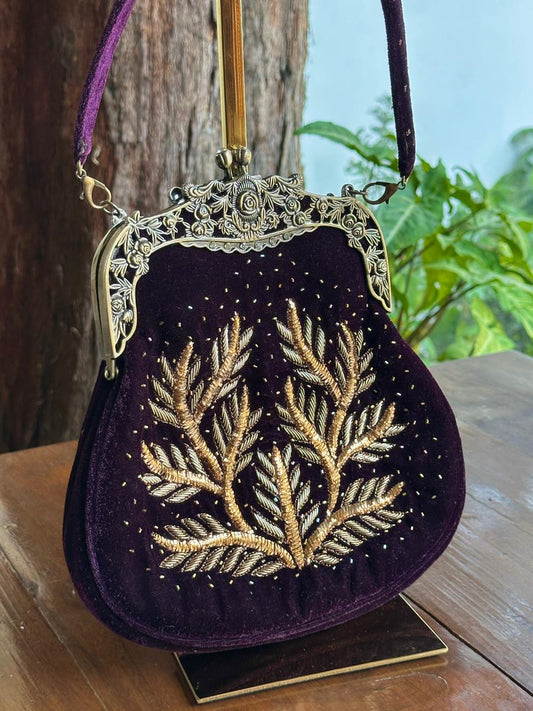 Dark Purple Shade Velvet Ari Mukaish Zardosi Sling Clutch Bag