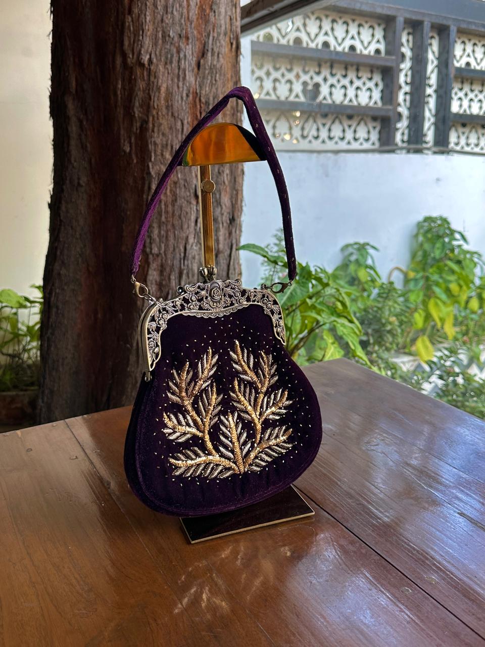 Dark Purple Shade Velvet Ari Mukaish Zardosi Sling Clutch Bag