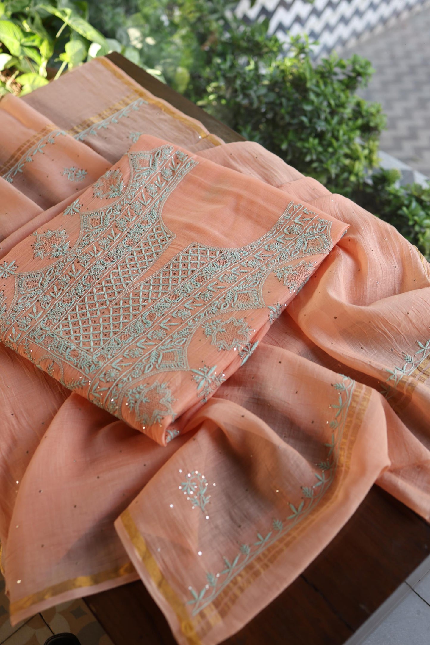 Dark Salmon Mal Cotton Fine Chikankari With Kamdani Work Unstitched Fabric