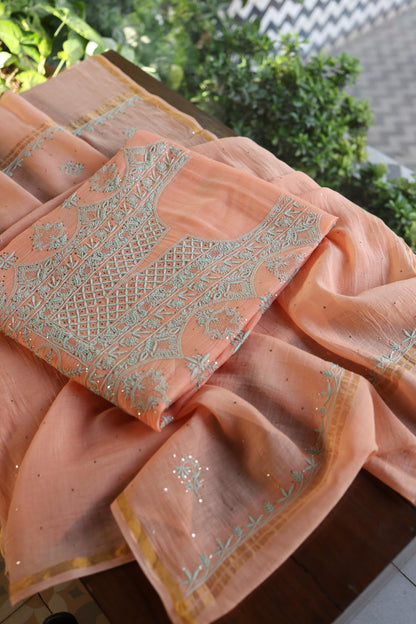 Dark Salmon Mal Cotton Fine Chikankari With Kamdani Work Unstitched Fabric