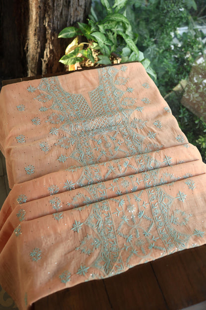 Dark Salmon Mal Cotton Fine Chikankari With Kamdani Work Unstitched Fabric