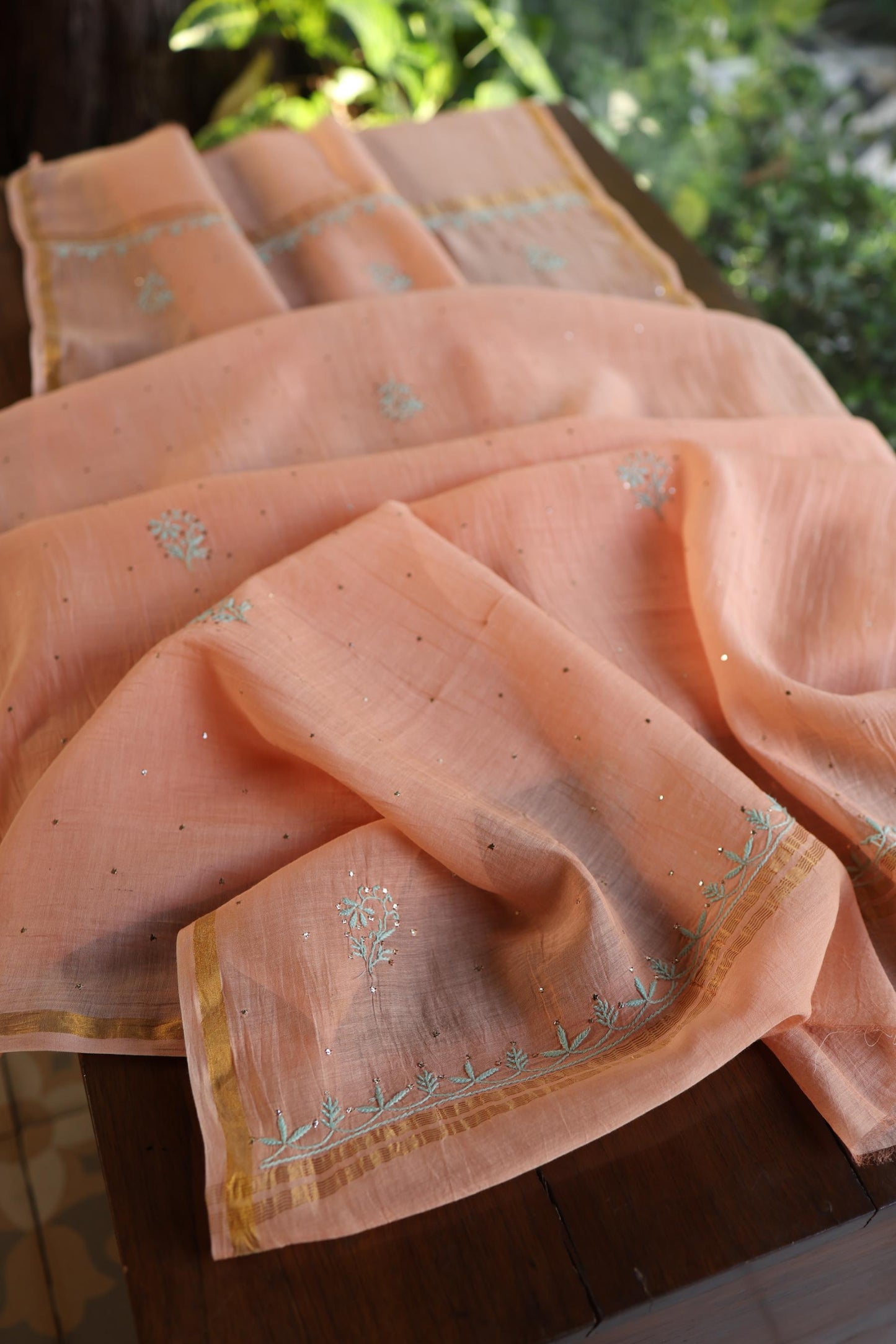 Dark Salmon Mal Cotton Fine Chikankari With Kamdani Work Unstitched Fabric