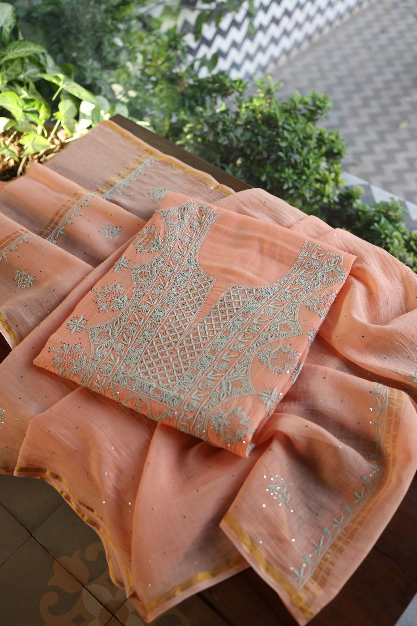 Dark Salmon Mal Cotton Fine Chikankari With Kamdani Work Unstitched Fabric