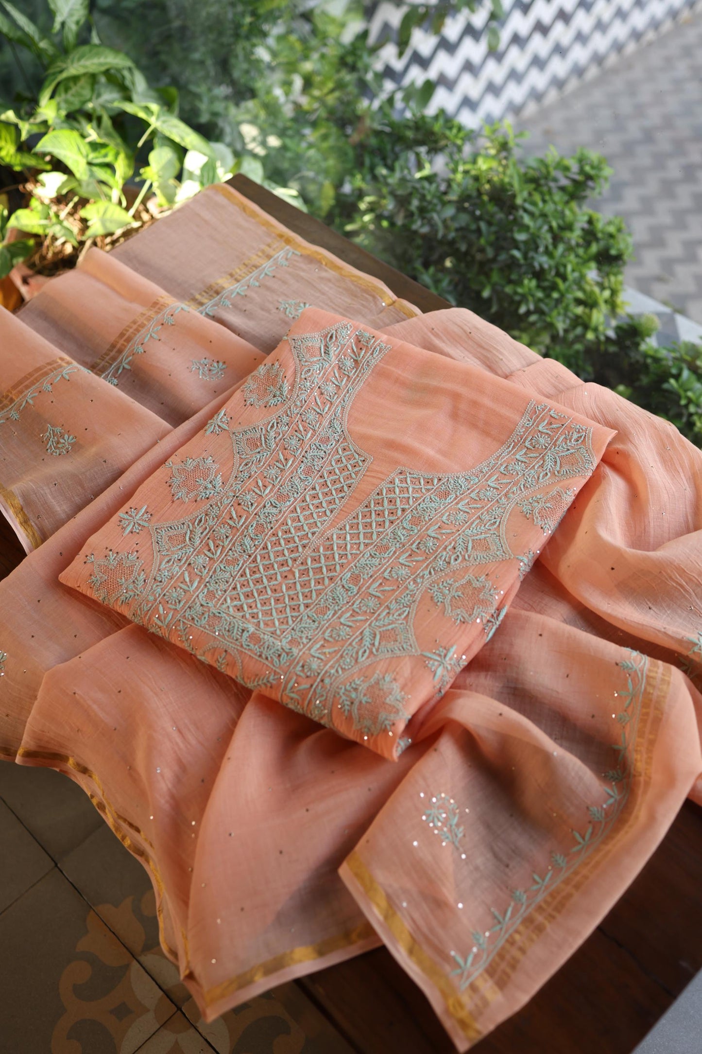 Dark Salmon Mal Cotton Fine Chikankari With Kamdani Work Unstitched Fabric