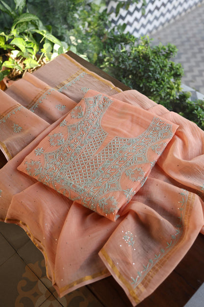 Dark Salmon Mal Cotton Fine Chikankari With Kamdani Work Unstitched Fabric