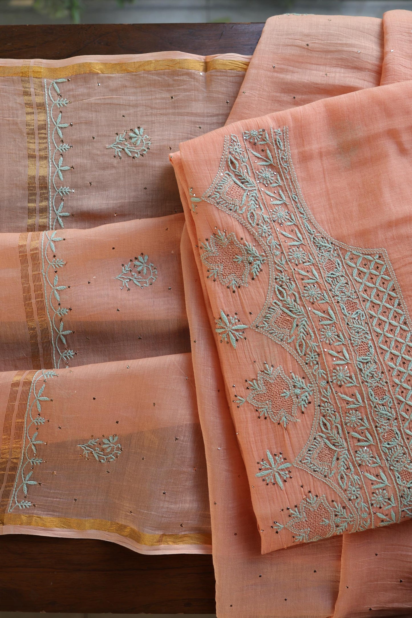 Dark Salmon Mal Cotton Fine Chikankari With Kamdani Work Unstitched Fabric