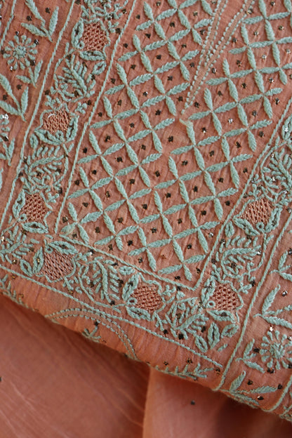 Dark Salmon Mal Cotton Fine Chikankari With Kamdani Work Unstitched Fabric