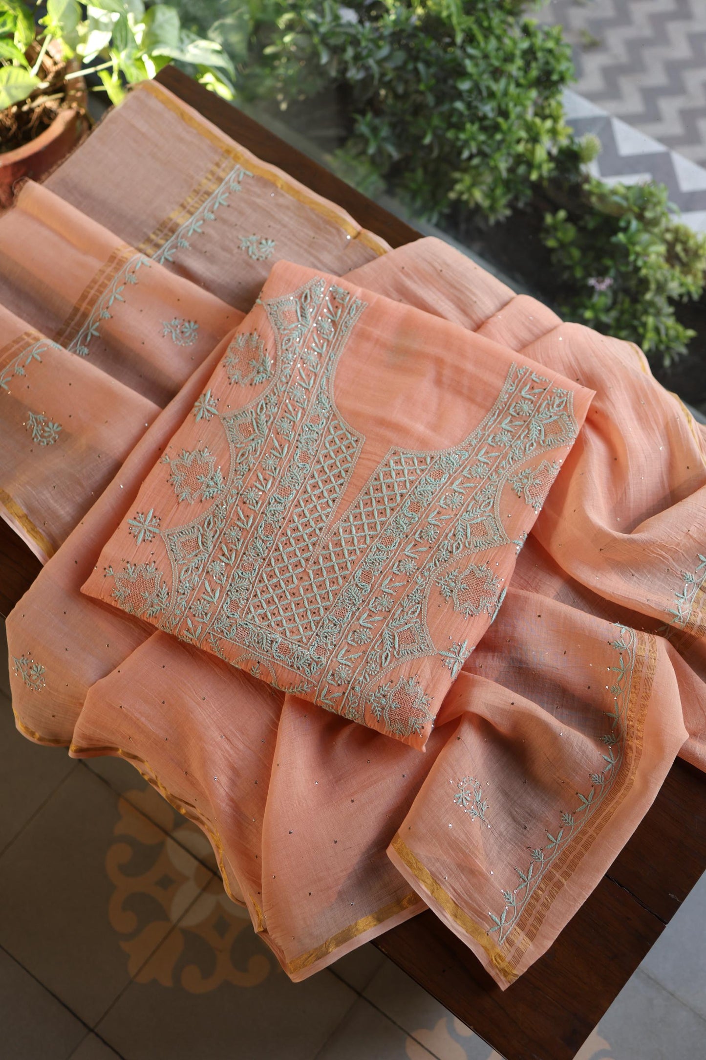 Dark Salmon Mal Cotton Fine Chikankari With Kamdani Work Unstitched Fabric