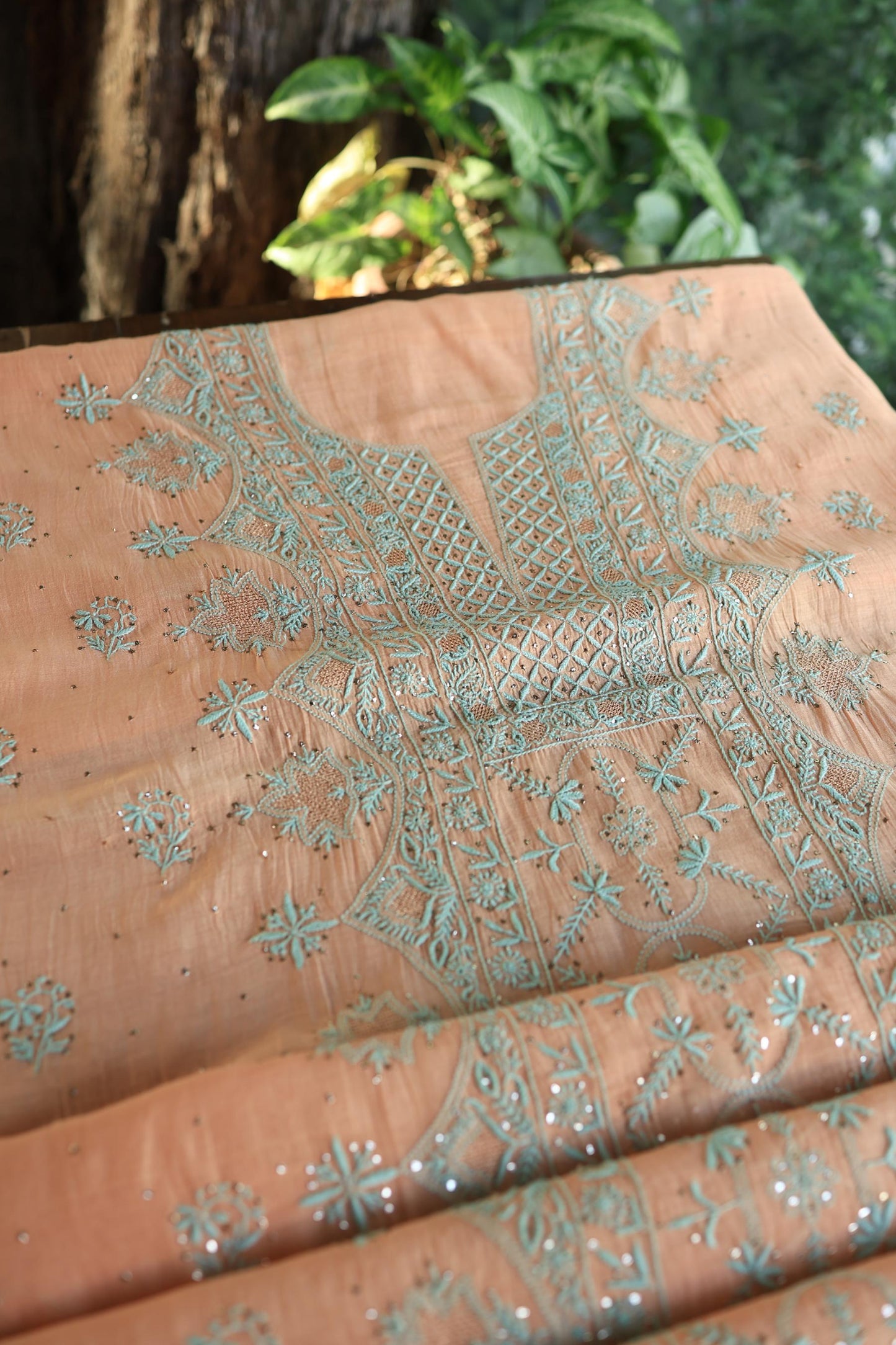 Dark Salmon Mal Cotton Fine Chikankari With Kamdani Work Unstitched Fabric