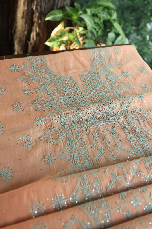 Dark Salmon Mal Cotton Fine Chikankari With Kamdani Work Unstitched Fabric