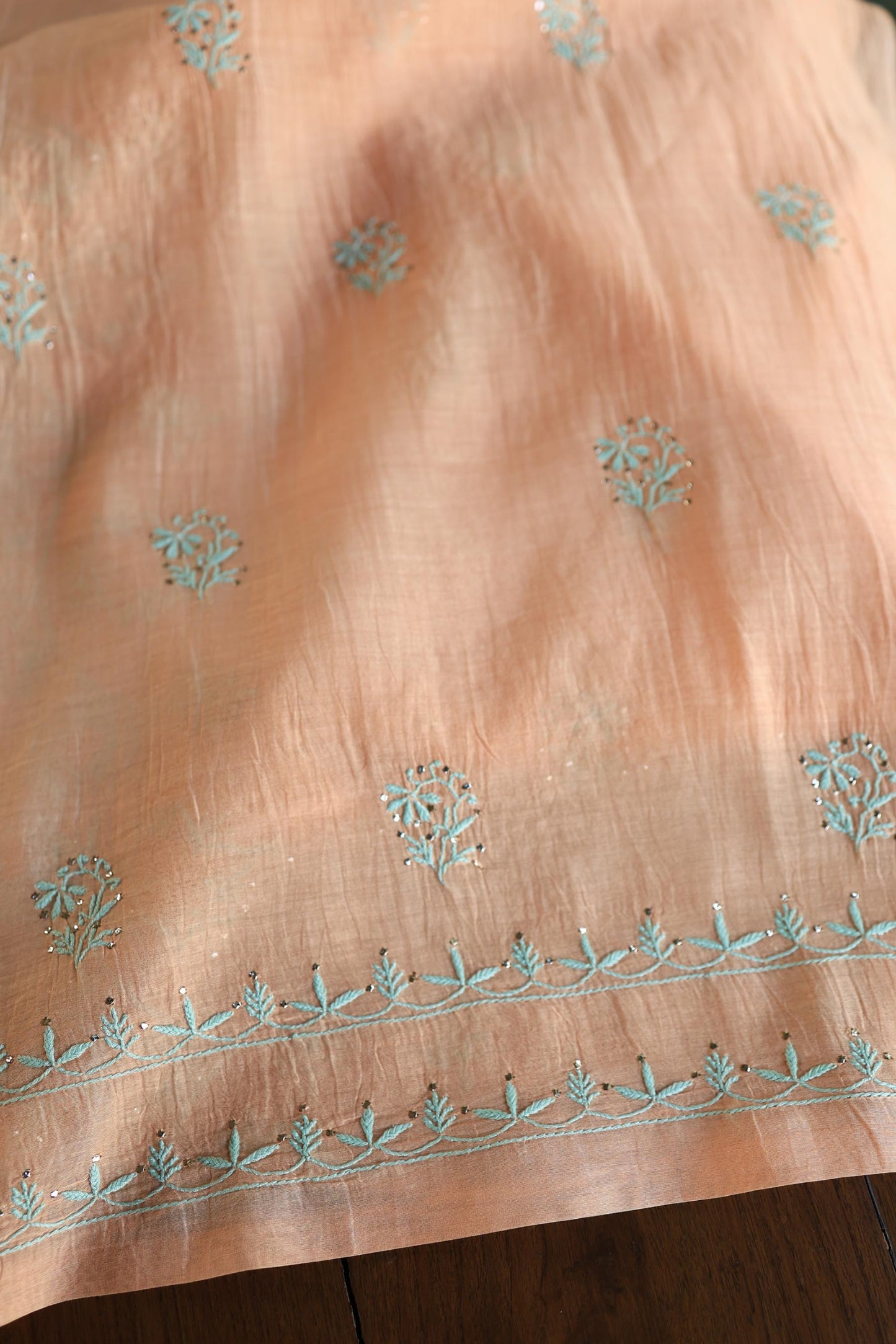 Dark Salmon Mal Cotton Fine Chikankari With Kamdani Work Unstitched Fabric