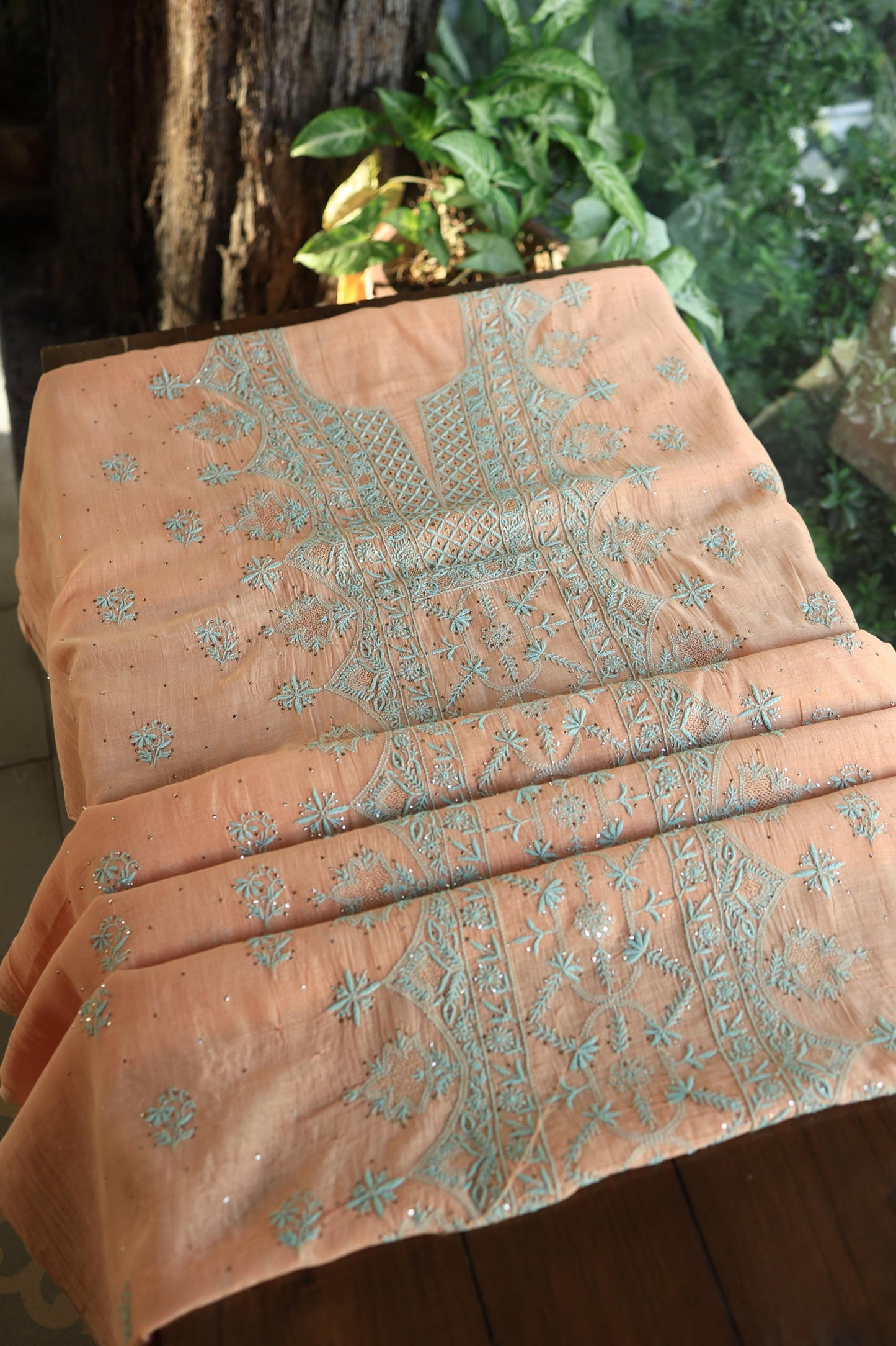Dark Salmon Mal Cotton Fine Chikankari With Kamdani Work Unstitched Fabric