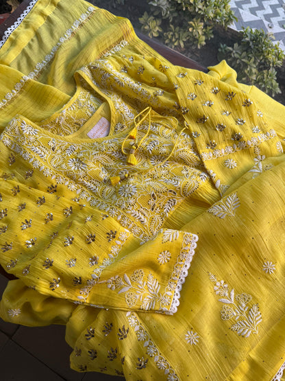 Dark Yellow Shade | Malmal Mukaish Chikankari Angarkha