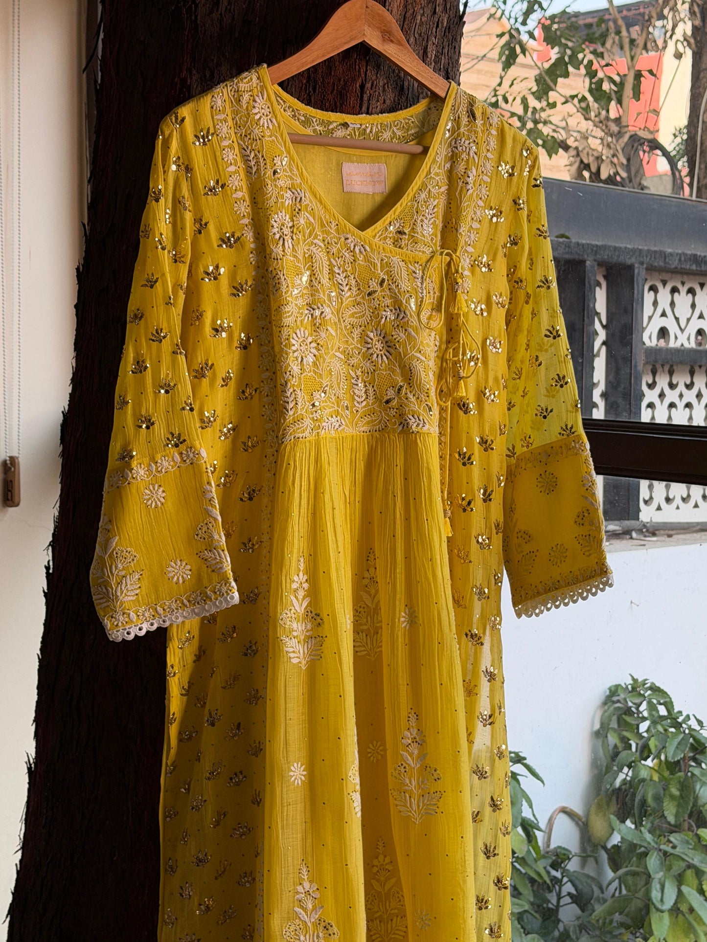 Dark Yellow Shade | Malmal Mukaish Chikankari Angarkha