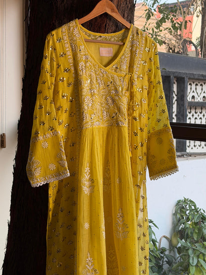 Dark Yellow Shade | Malmal Mukaish Chikankari Angarkha