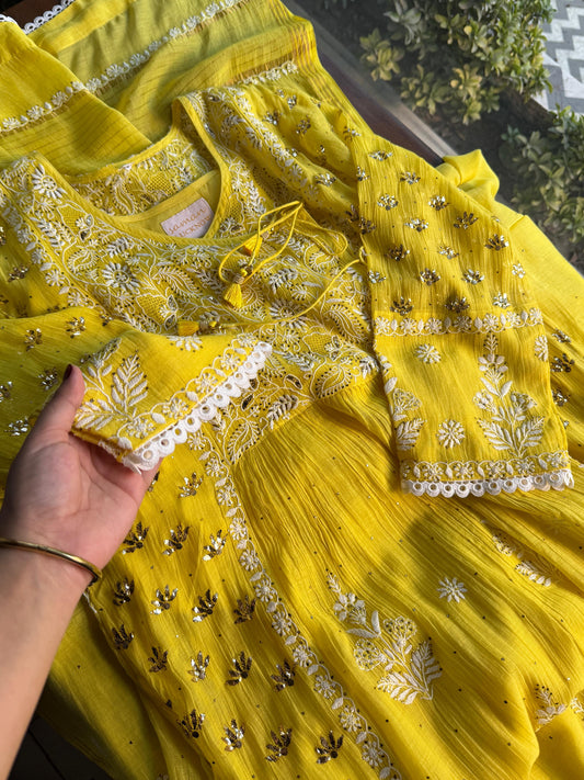 Dark Yellow Shade | Malmal Mukaish Chikankari Angarkha