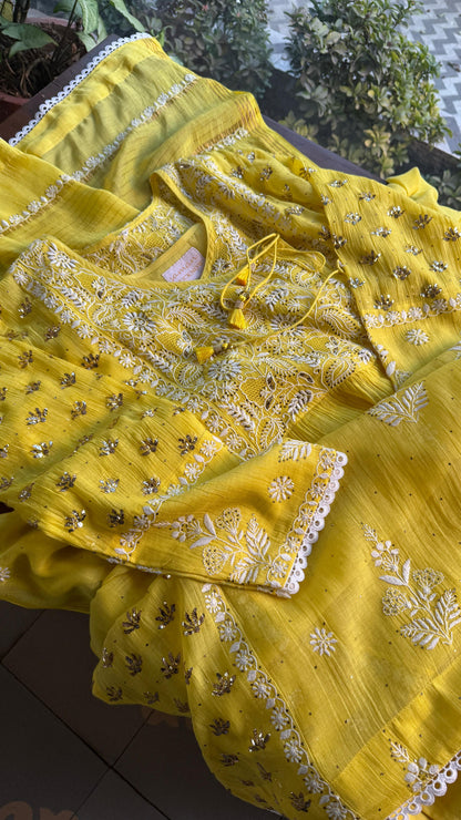 Dark Yellow Shade | Malmal Mukaish Chikankari Angarkha