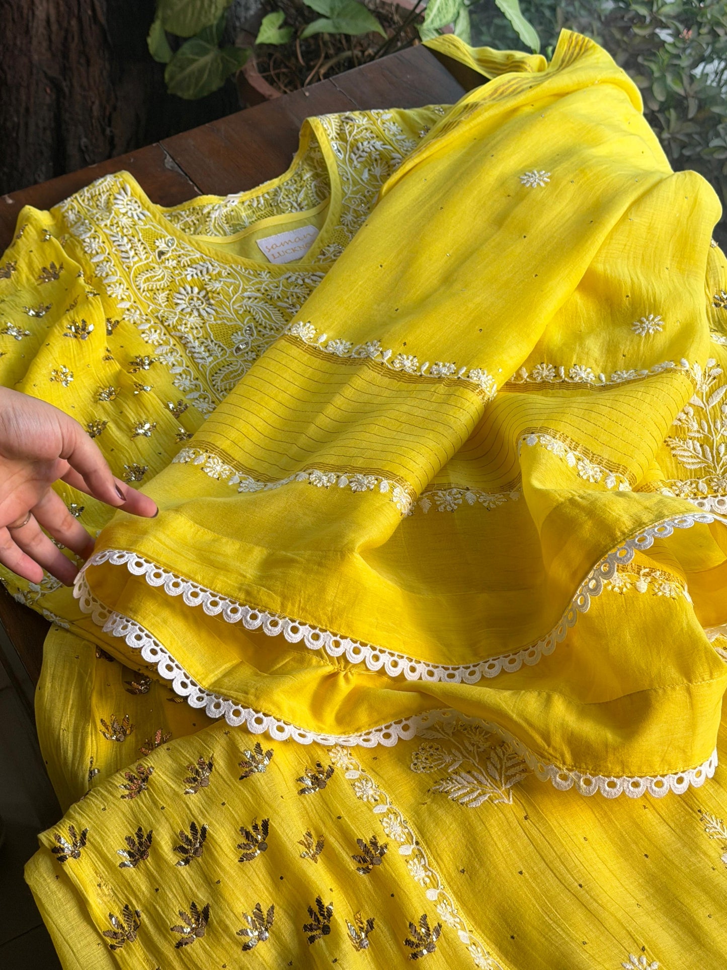 Dark Yellow Shade | Malmal Mukaish Chikankari Angarkha
