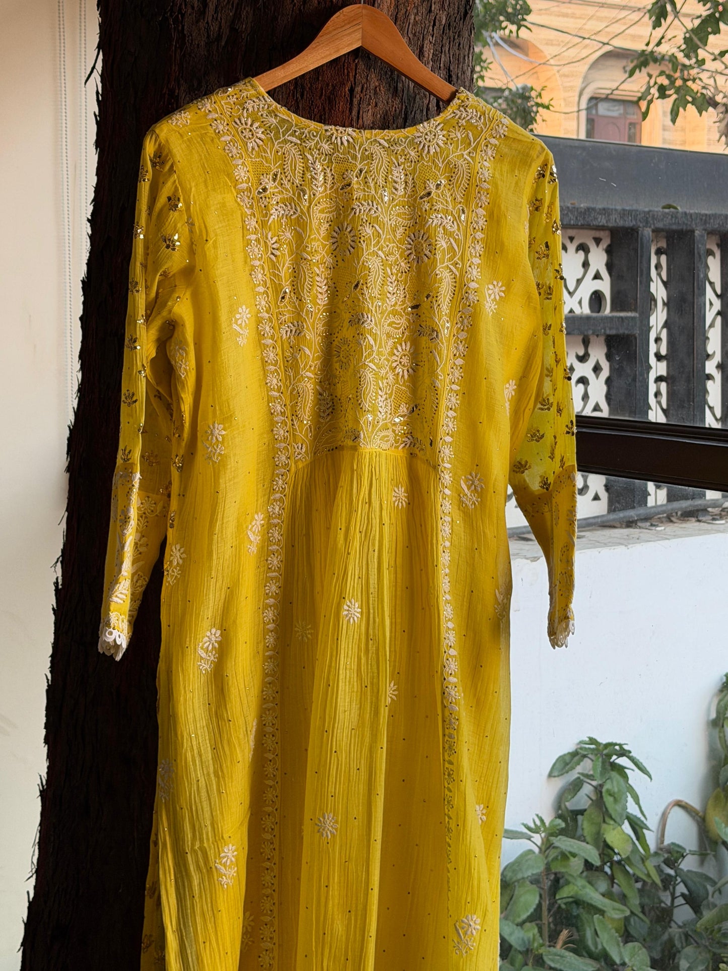 Dark Yellow Shade | Malmal Mukaish Chikankari Angarkha