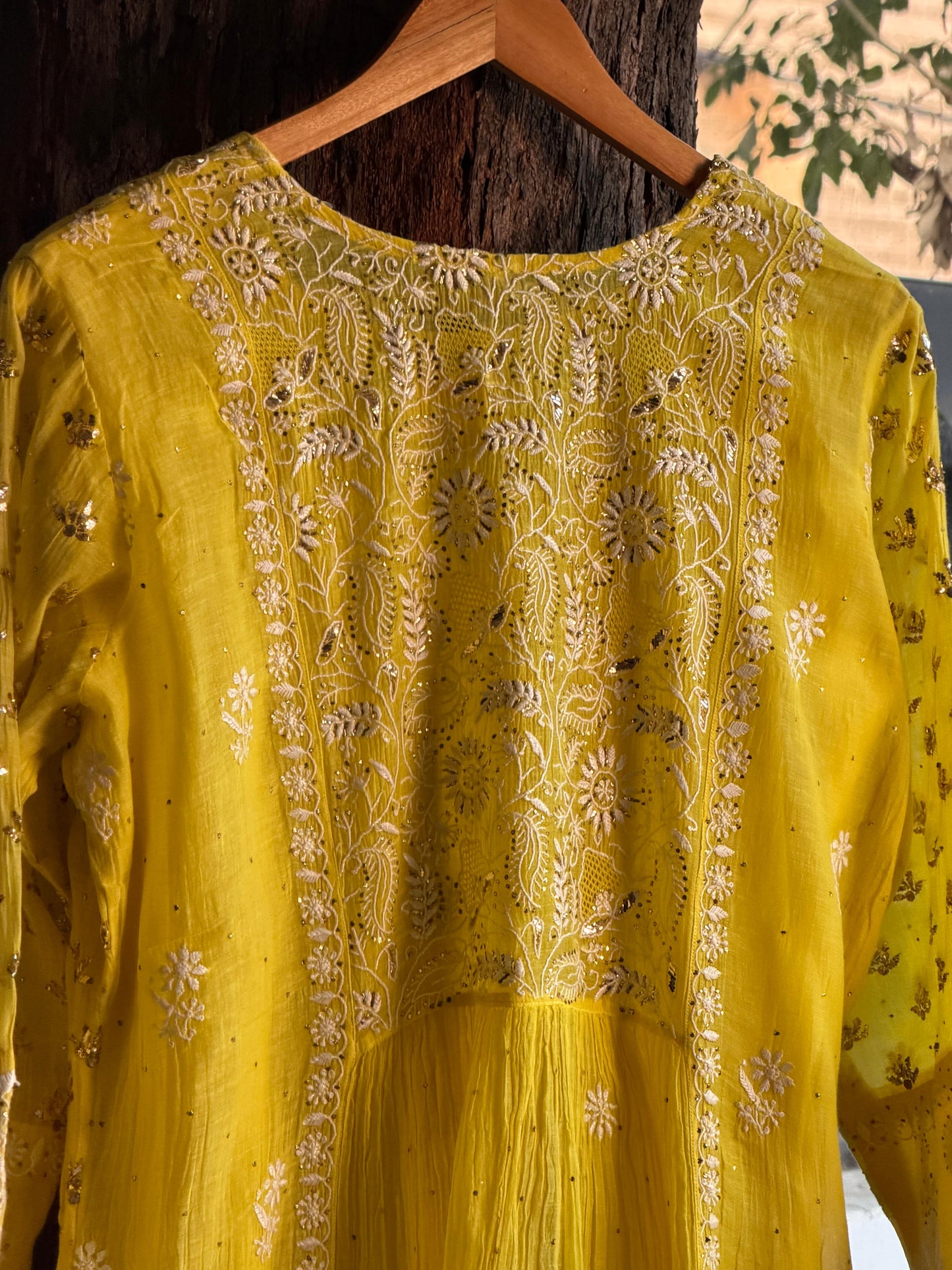 Dark Yellow Shade | Malmal Mukaish Chikankari Angarkha