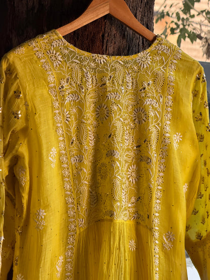 Dark Yellow Shade | Malmal Mukaish Chikankari Angarkha