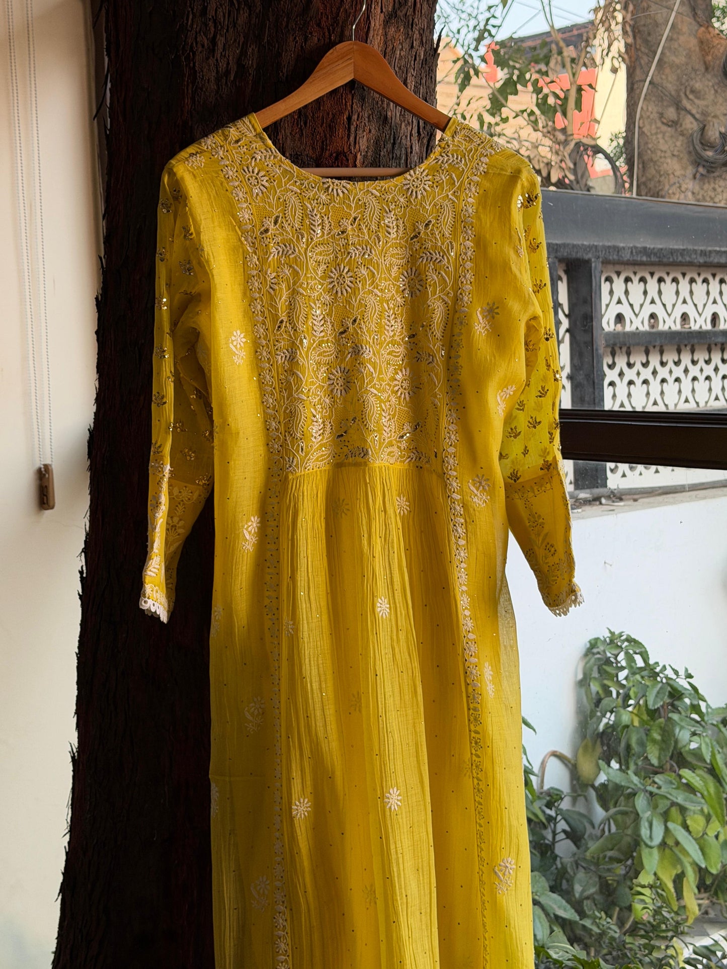 Dark Yellow Shade | Malmal Mukaish Chikankari Angarkha