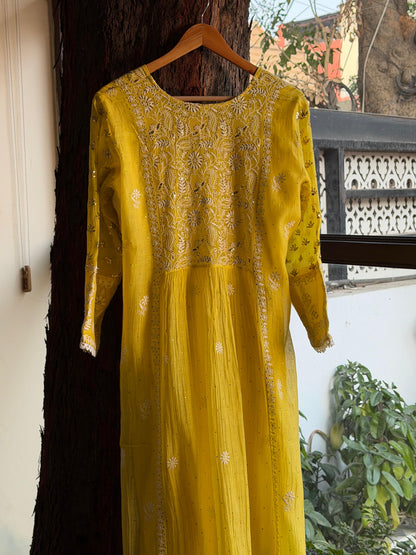 Dark Yellow Shade | Malmal Mukaish Chikankari Angarkha