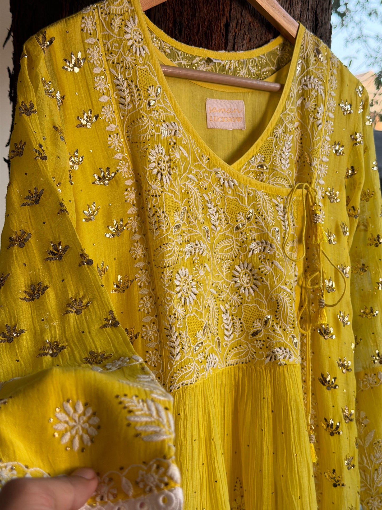 Dark Yellow Shade | Malmal Mukaish Chikankari Angarkha