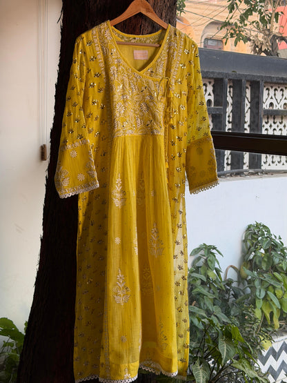 Dark Yellow Shade | Malmal Mukaish Chikankari Angarkha