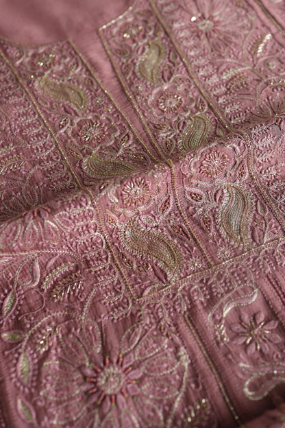 Deep Rose Shade Maheshwari Chikankari Unstitched Fabric