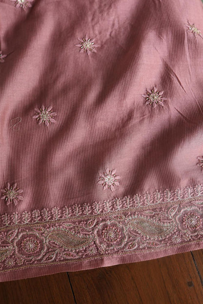 Deep Rose Shade Maheshwari Chikankari Unstitched Fabric