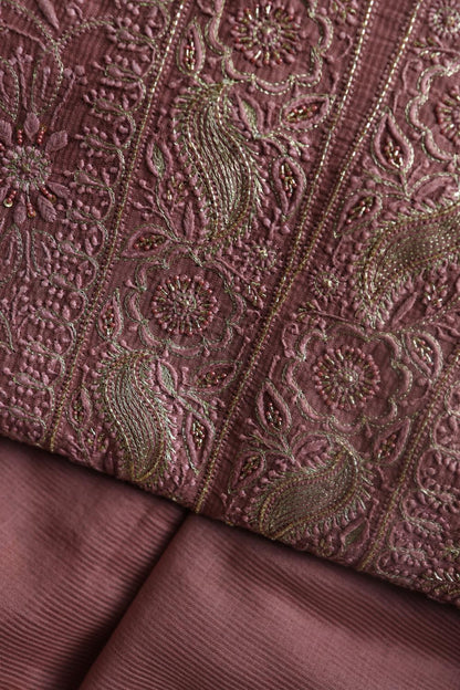 Deep Rose Shade Maheshwari Chikankari Unstitched Fabric