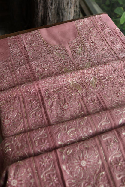 Deep Rose Shade Maheshwari Chikankari Unstitched Fabric