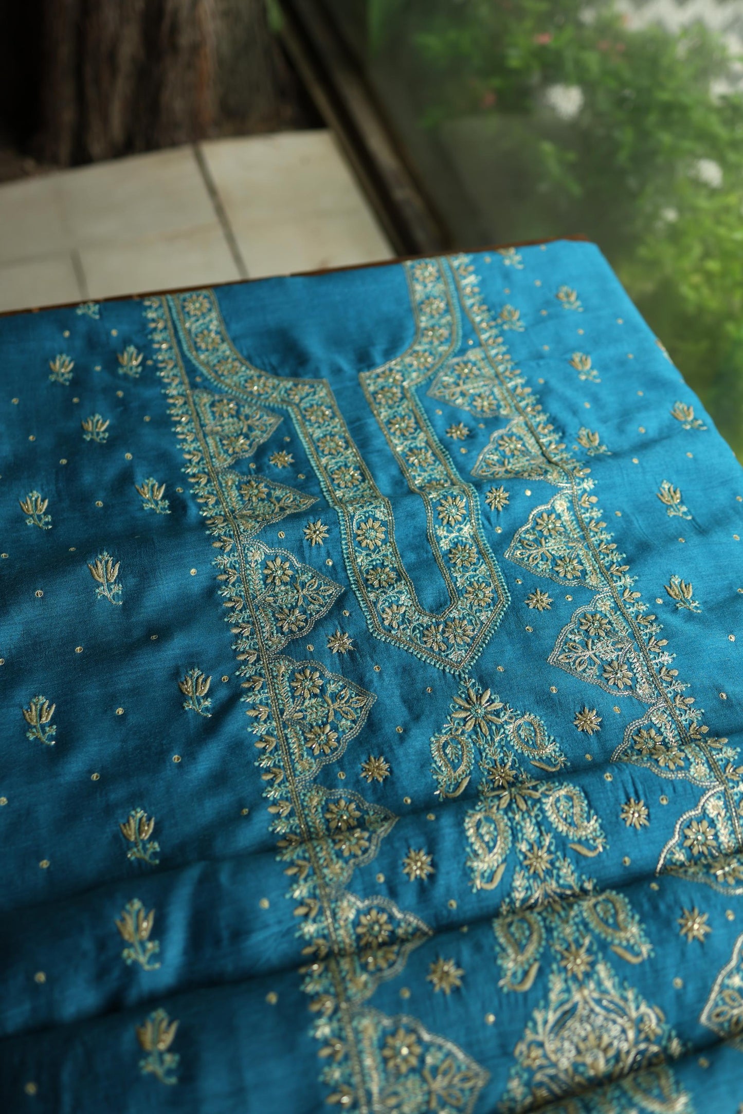 Deep Aqua Blue Shade Moonga Silk Chikankari Unstitched Fabric