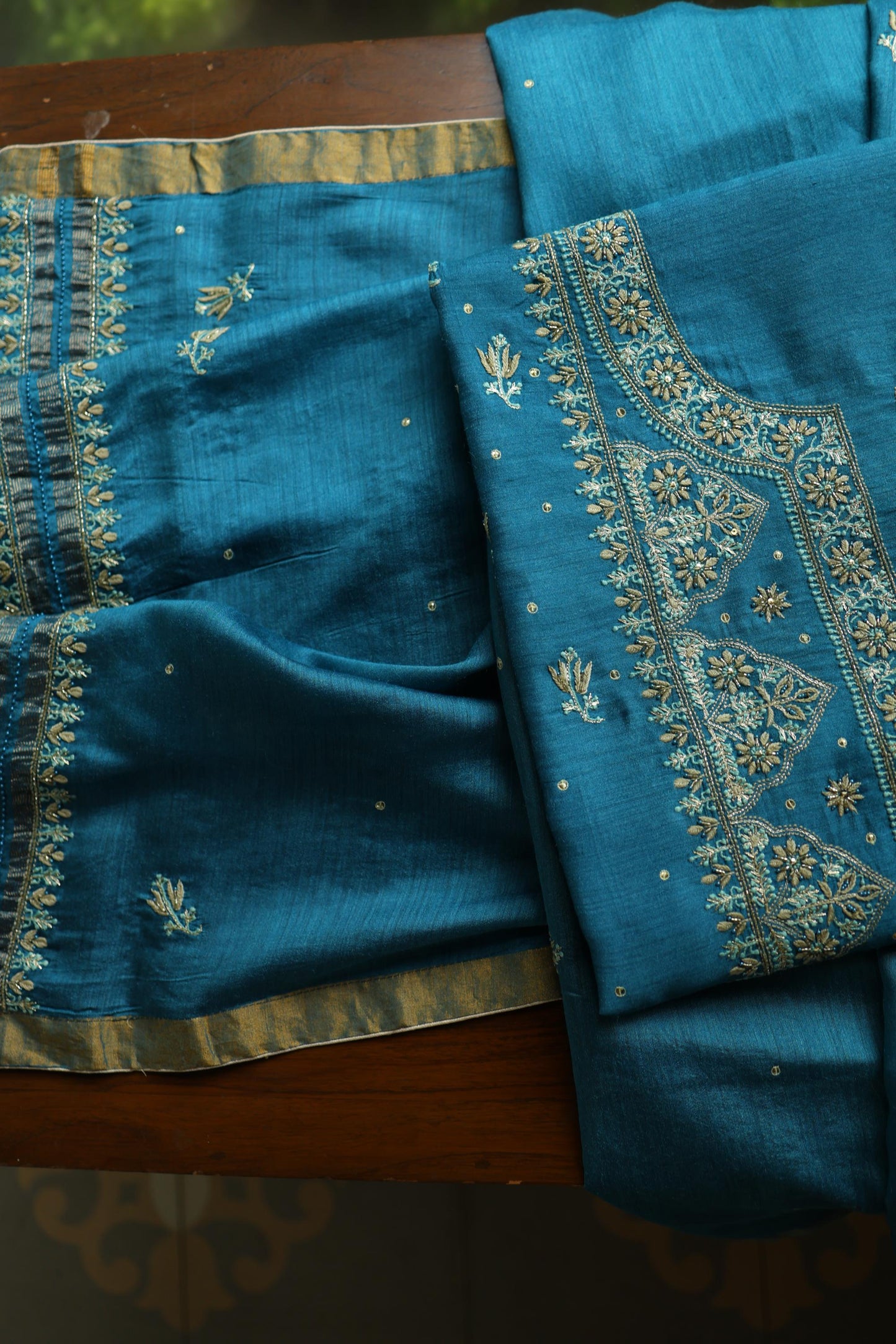Deep Aqua Blue Shade Moonga Silk Chikankari Unstitched Fabric