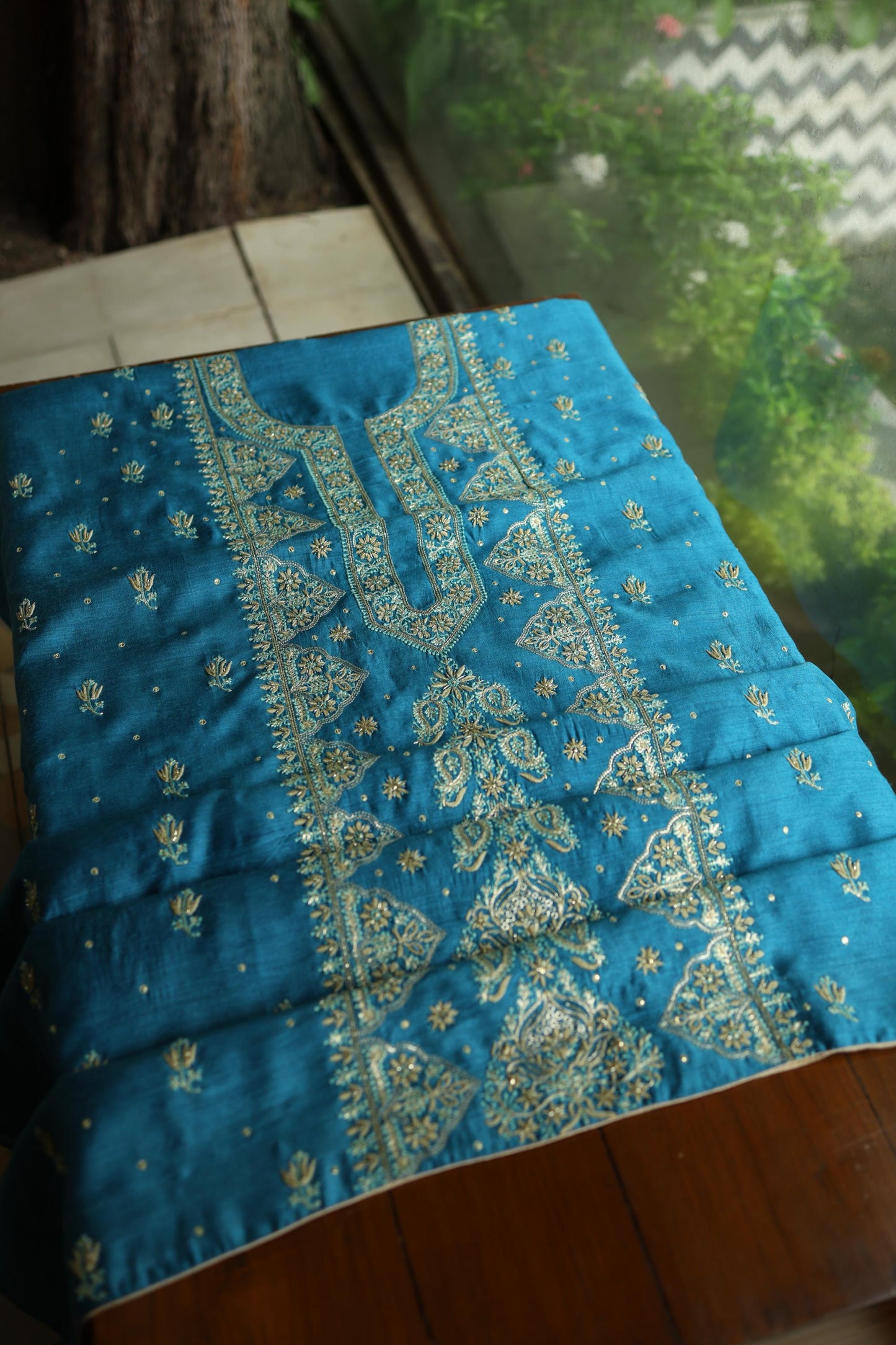 Deep Aqua Blue Shade Moonga Silk Chikankari Unstitched Fabric