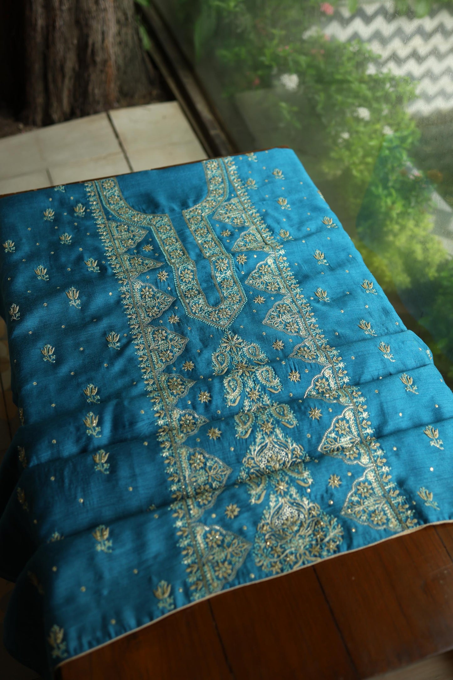 Deep Aqua Blue Shade Moonga Silk Chikankari Unstitched Fabric