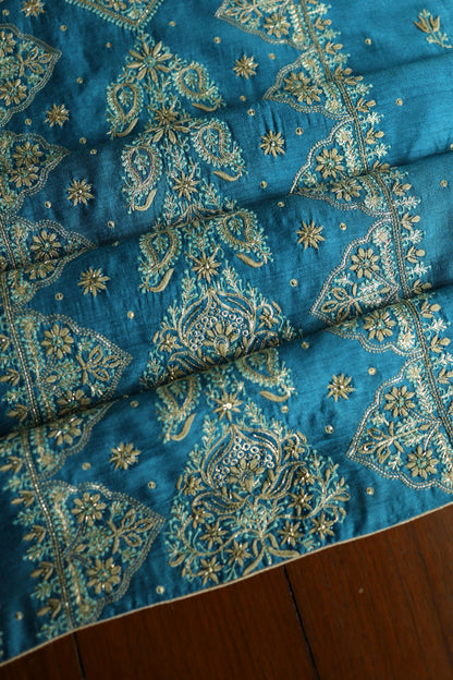 Deep Aqua Blue Shade Moonga Silk Chikankari Unstitched Fabric