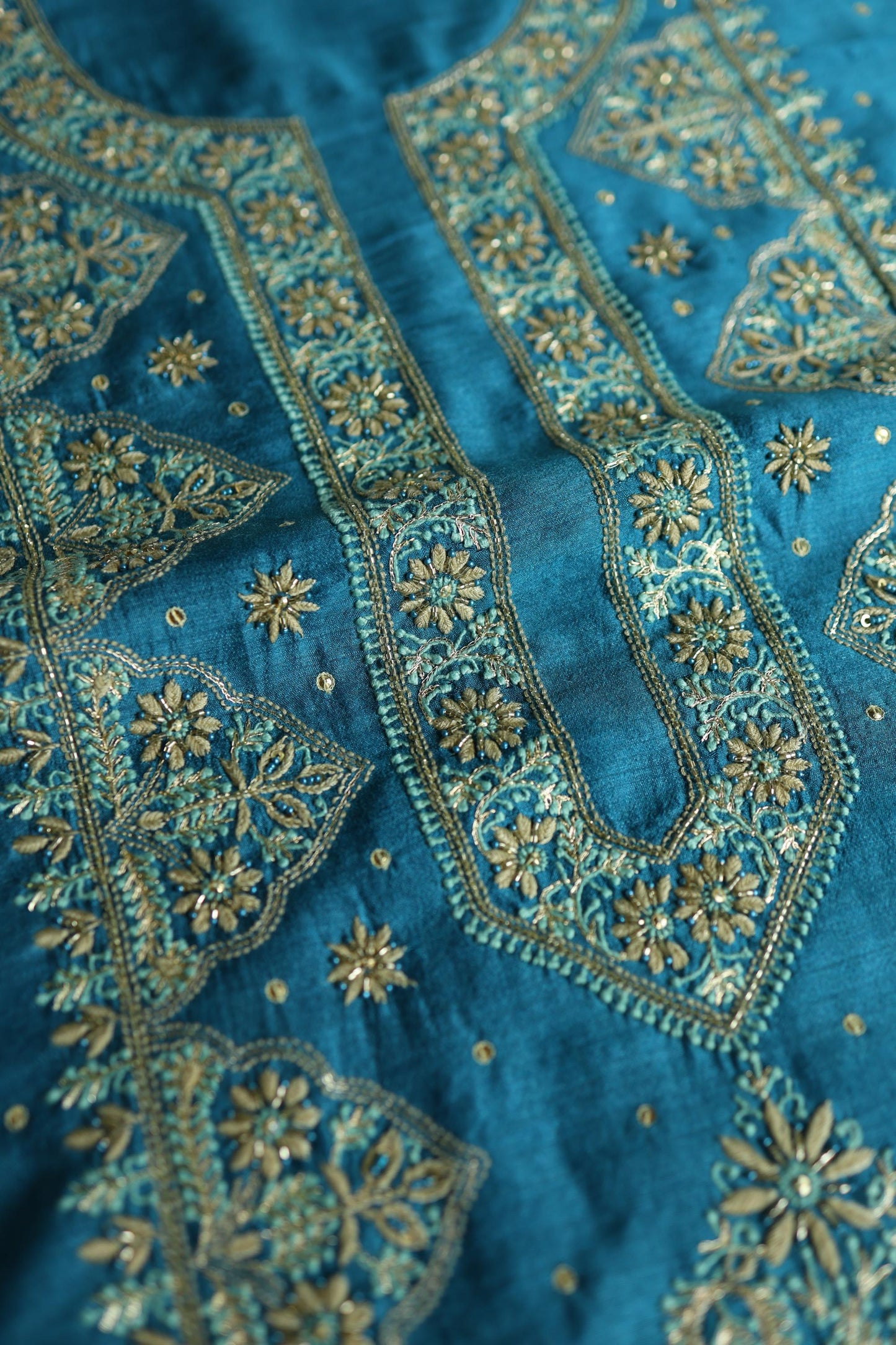 Deep Aqua Blue Shade Moonga Silk Chikankari Unstitched Fabric