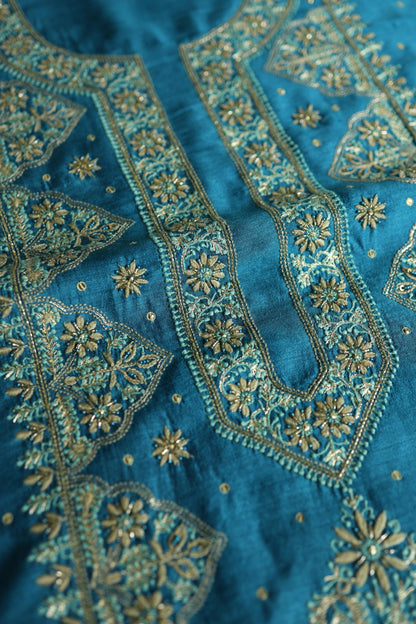 Deep Aqua Blue Shade Moonga Silk Chikankari Unstitched Fabric