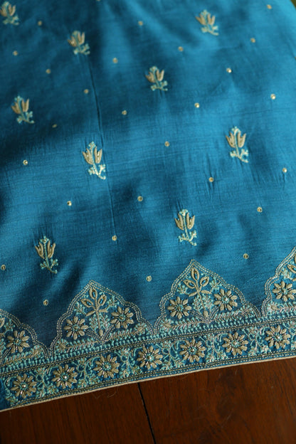 Deep Aqua Blue Shade Moonga Silk Chikankari Unstitched Fabric