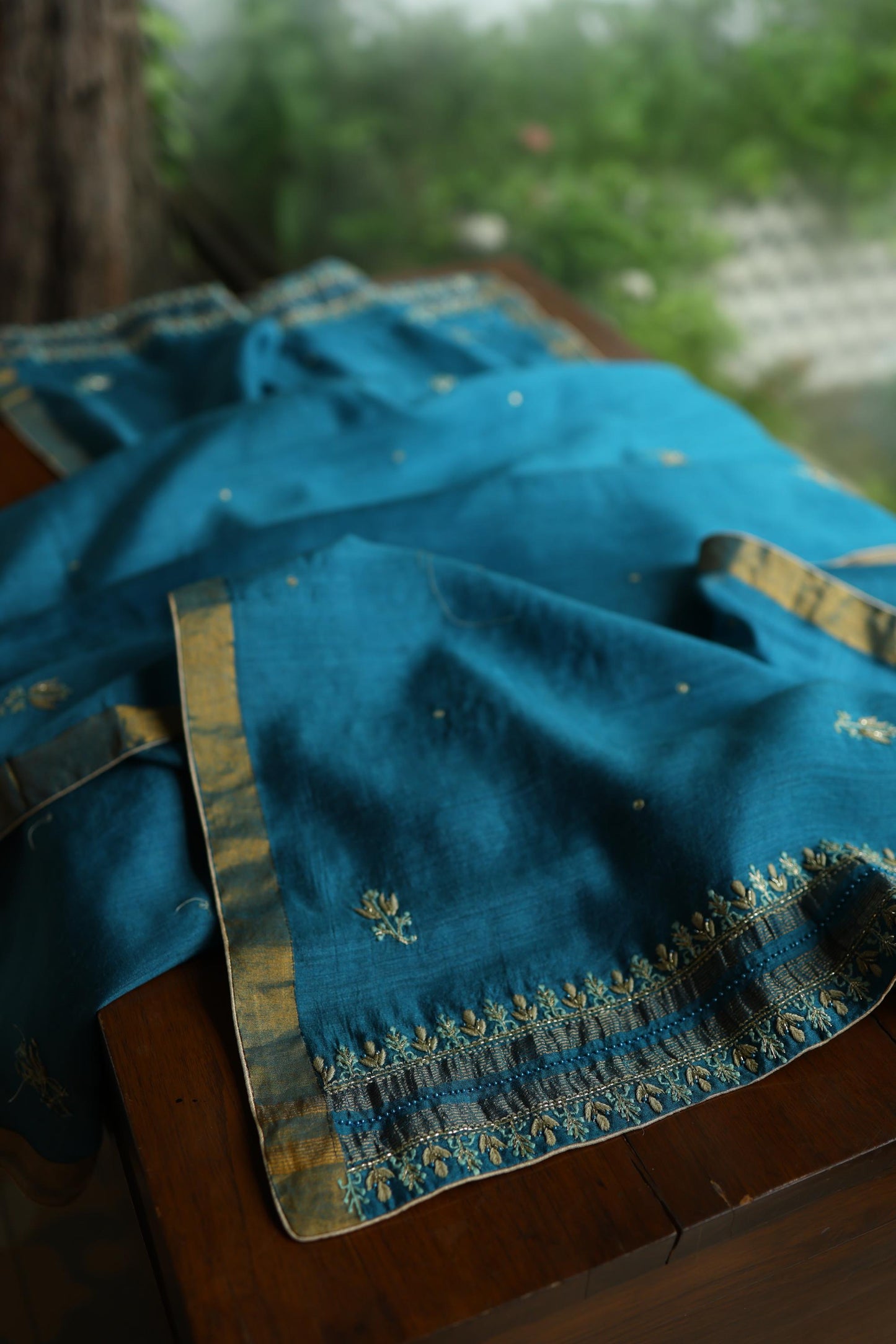 Deep Aqua Blue Shade Moonga Silk Chikankari Unstitched Fabric
