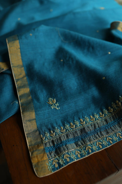 Deep Aqua Blue Shade Moonga Silk Chikankari Unstitched Fabric