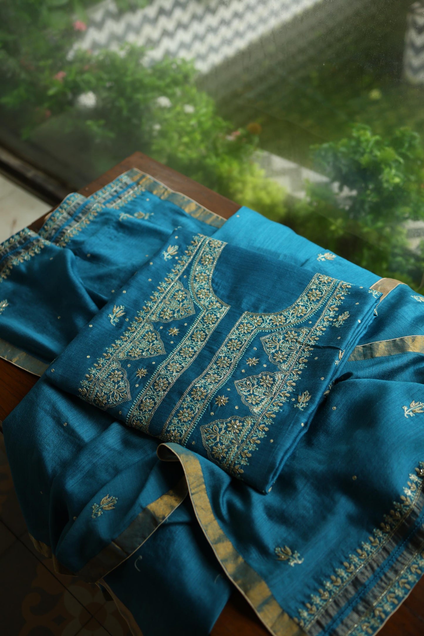 Deep Aqua Blue Shade Moonga Silk Chikankari Unstitched Fabric